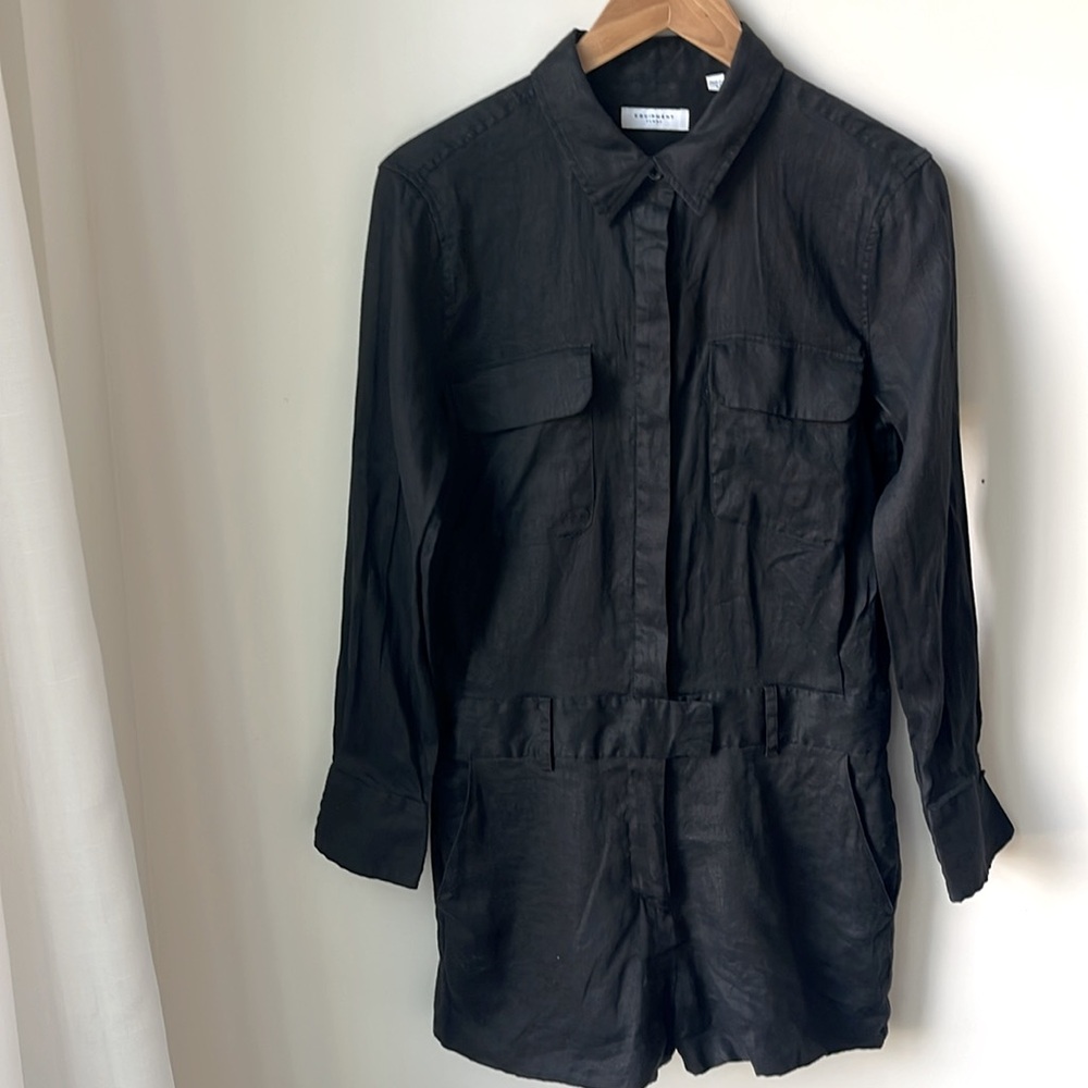 Equipment Valerie 100% Linen Romper in Black LS Pockets Lined Minimalist  Size 8